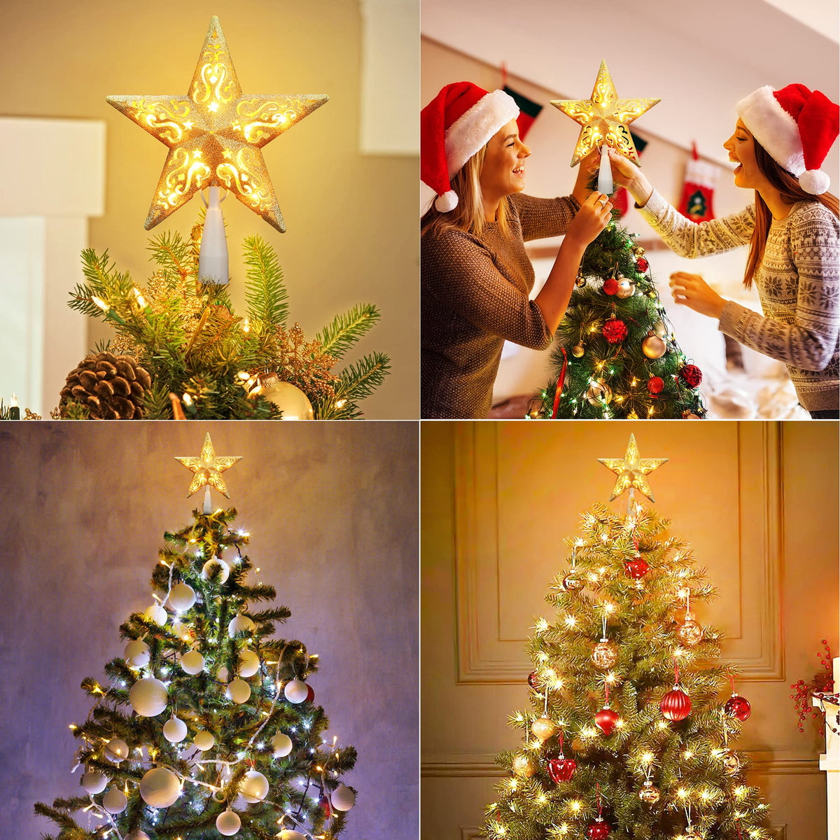 Brizled Gold Christmas Tree Topper, 8” 3D Christmas Star Topper, Glittered Hollow Xmas Tree Topper with 10 Warm White Lights, UL Certified Lighted Xmas Star Treetop for Holiday Home Decoration