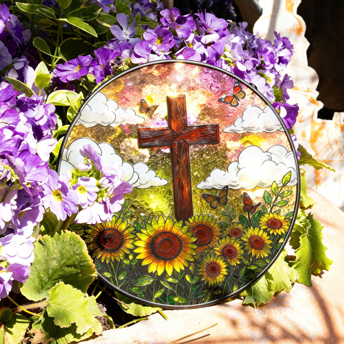 8 Inch Stained Glass Cross Suncatcher with Sunflower & Butterfly Christian Gifts for Women Religious Window Hanging Decor Unique Catholic Easter Birthday Gifts for Mom Grandma (Brown, Medium)