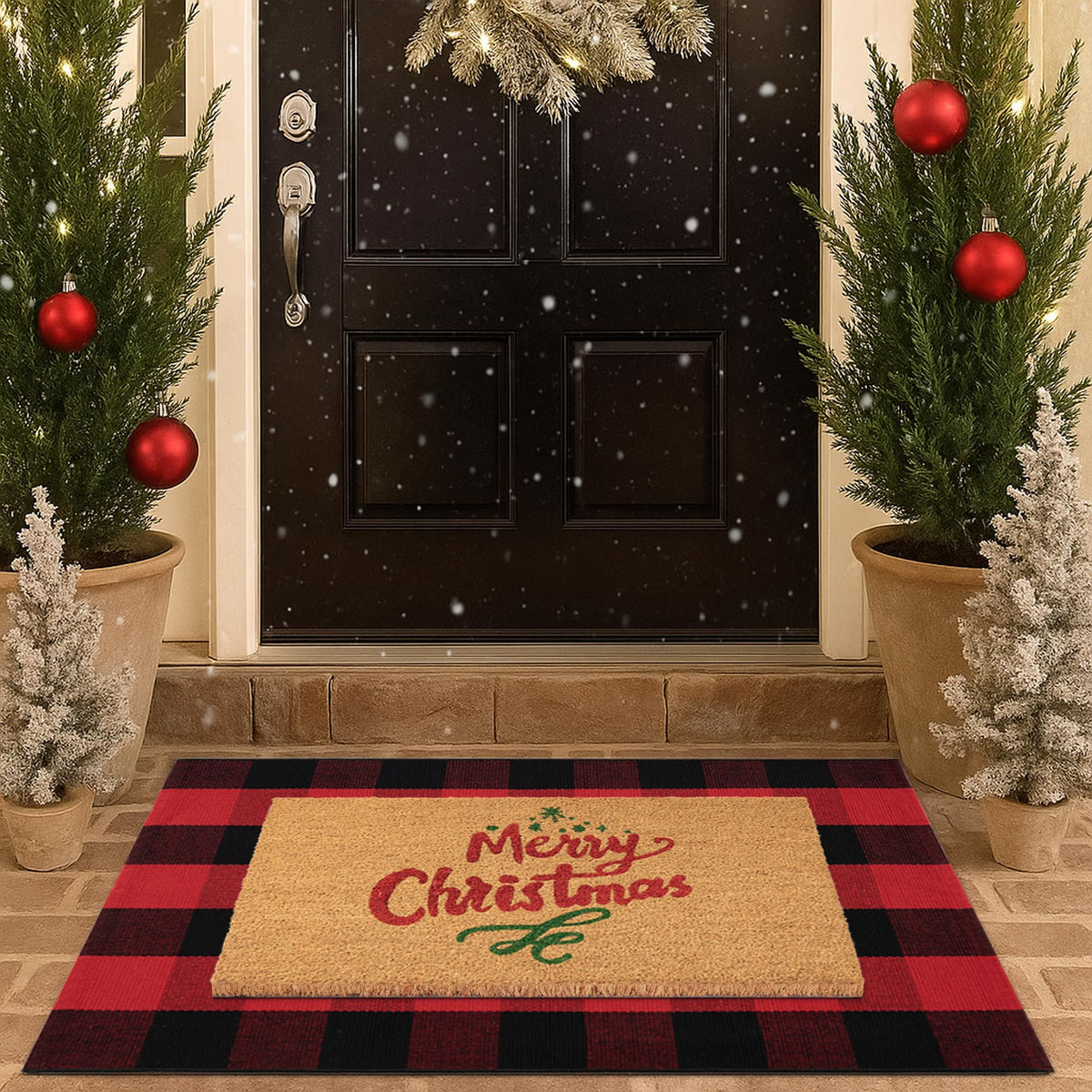 Christmas Door Mat Combo Set - 100% Coco Coir Welcome Mat + 28 x 43 Inch Red and Black Plaid Rug, New Year Holiday Christmas Collection Doormat for Front Porch Entryway Decor