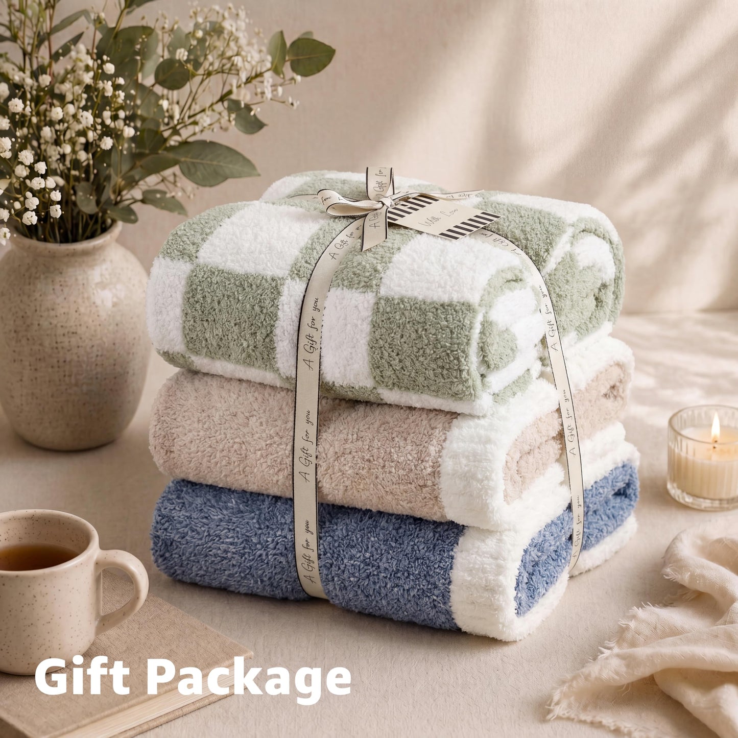 WRENSONGE Checkered Throw Blanket, Sage Green Soft Cozy Fluffy Hand Made Throw Blankets for Couch, Sofa, Chair, Bed, Camping, Picnic, Travel Lightweight Bed Blankets for Women Mothers Birthday Gifts