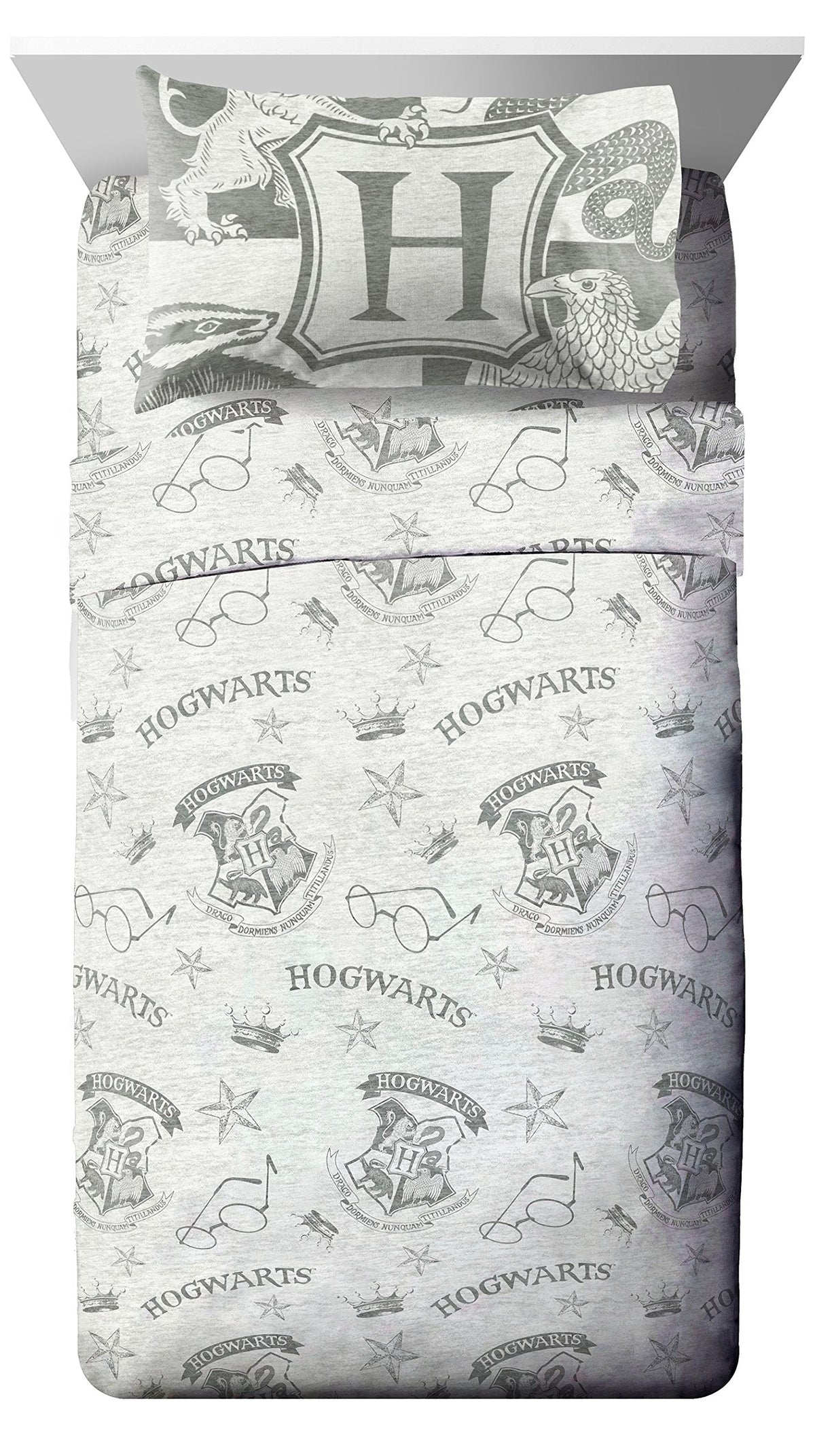 Jay Franco Kids Sheet Set with Fitted, Flat Sheets & Pillow Cover - Ultra-Soft Bedding with Pillowcase for Room Decor, Gray - Harry Potter, 3 Piece Twin