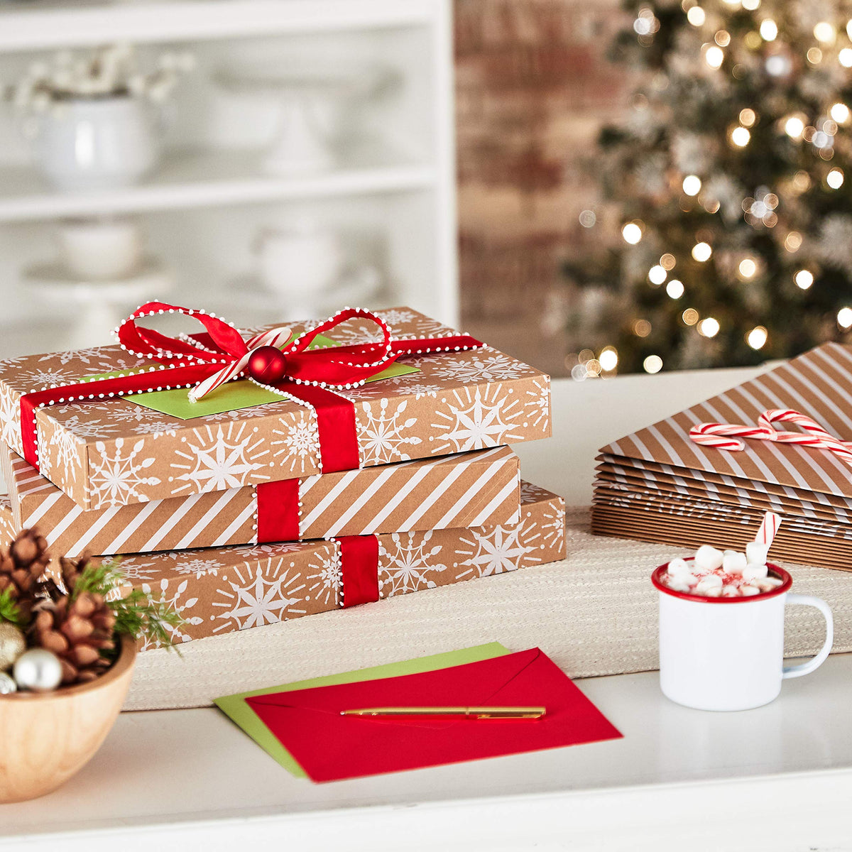 Hallmark Medium Christmas Gift Boxes with Lids (12 Shirt Boxes, 3 Designs: Navy Snowflakes, Gold Trees, Peace on Earth) for Christmas, Hanukkah, Holiday Parties