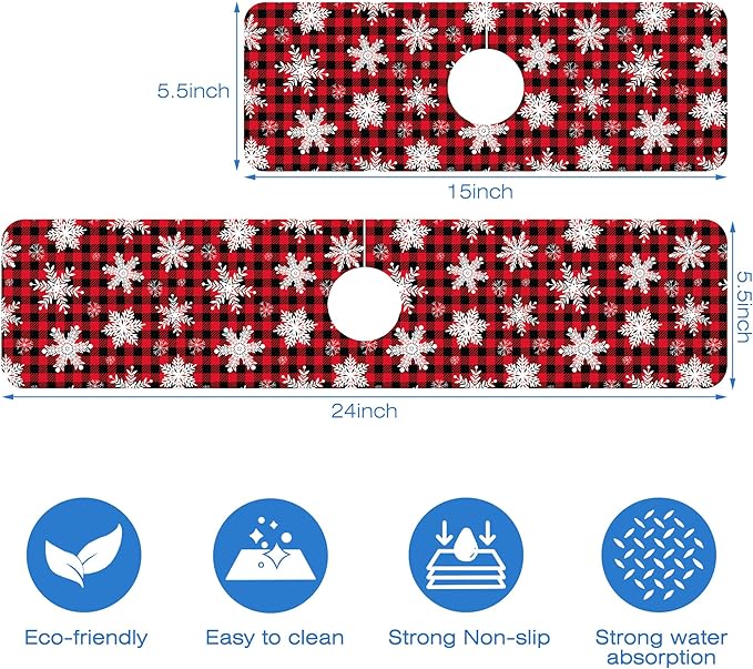 Christmas Snowflake Kitchen Sink Splash Guard Mat Buffalo Plaid Absorbent Fast