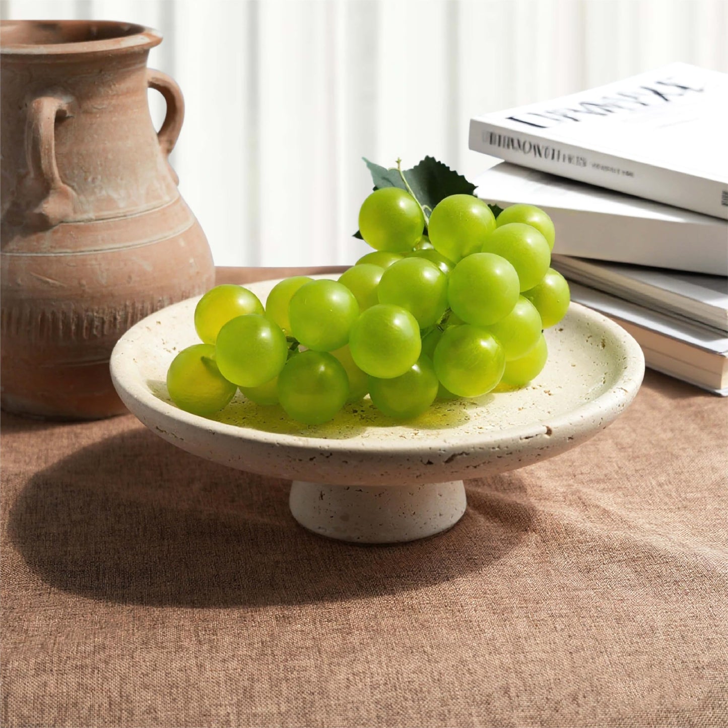 seicasaya 10 Inch Natural Travertine Fruit Bowl, Pedestal Stand Decorative Stone Bowl with Matte Finish for Table or Kitchen Countertop (Yellow Cave Stone)