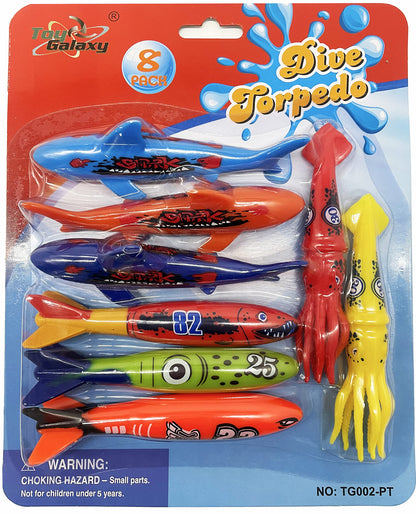 Haktoys Pool Diving Torpedo Toy Set – Underwater Shark Torpedoes, Squid Dive Toys & Swim Training Sinkers for Kids – Fun Summer Swimming Pool Toys for Boys & Girls, Indoor & Outdoor Water Games