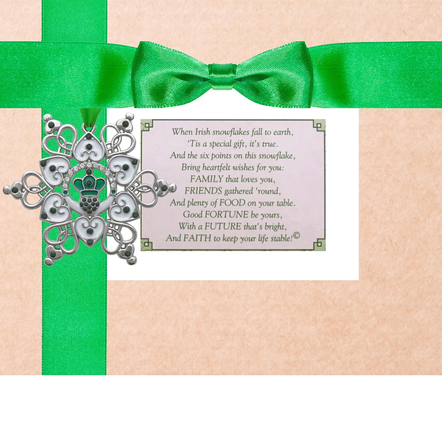 Irish Christmas Ornament Claddagh Snowflake, Filigree Metal Celtic Holiday Decoration with Green Jewels, 3 x 3 Inch Gift Ornament with Storage Bag, Irish Blessing for Family, Friends, Mom, Grandma