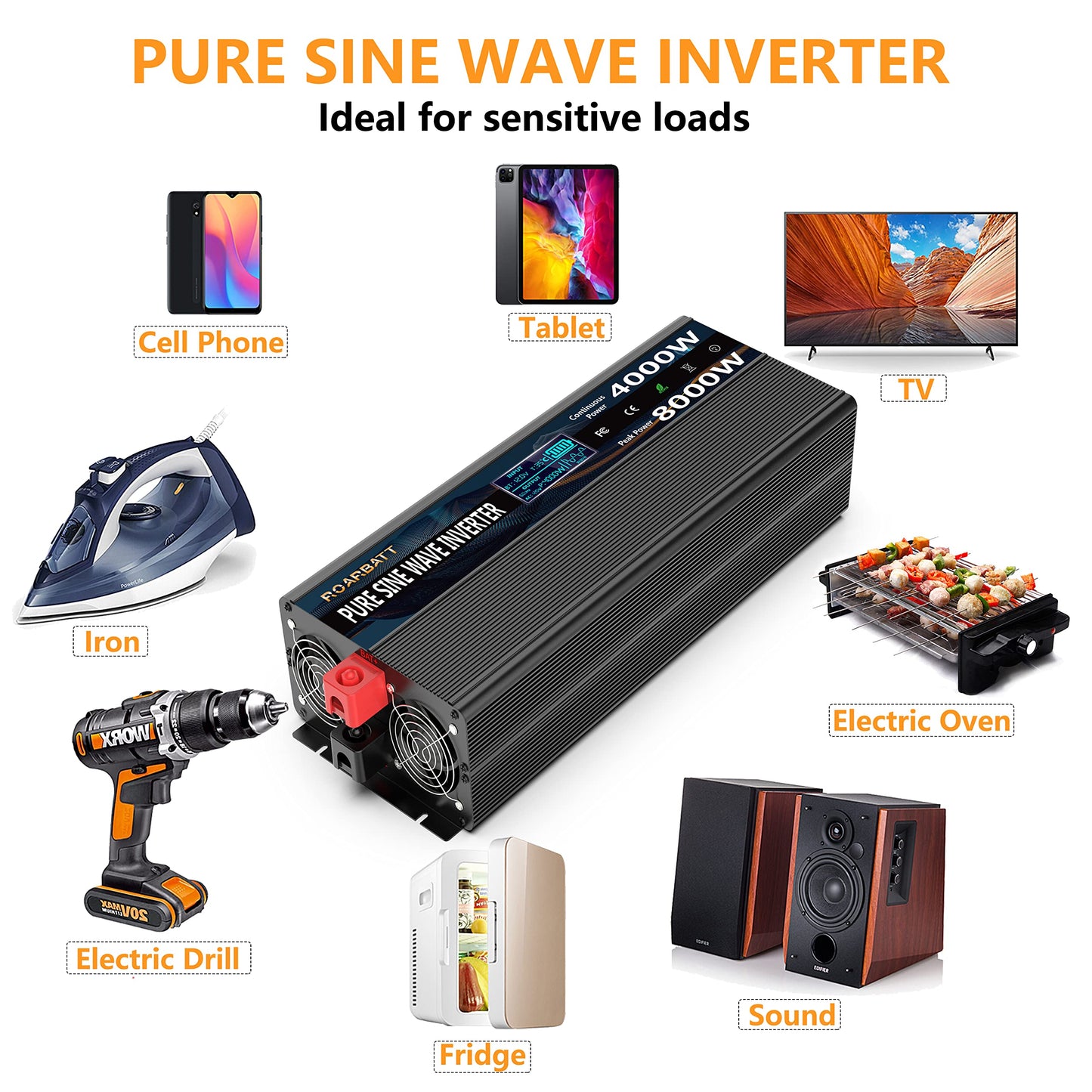 4000W Pure Sine Wave Power Inverter 12V DC to 110V/120V AC, 8000W Peak with Remote Control, 4 AC Outlets, Dual USB, LED Display, Heavy Duty Converter for RV, Truck, Solar System, Off-Grid & Emergency