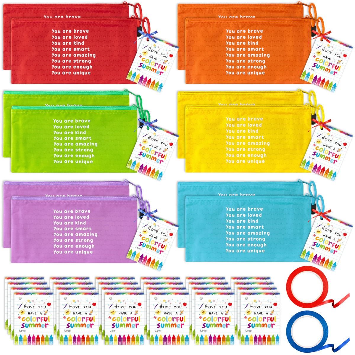 ANGOLIO 50Pcs End of Year Student Gift Includes Motivational Rainbow Pencils Pouch with Gift Inspirational Cards Hope You Have a Colorful Summer and Ribbons Stationary for Students Gifts Supplies