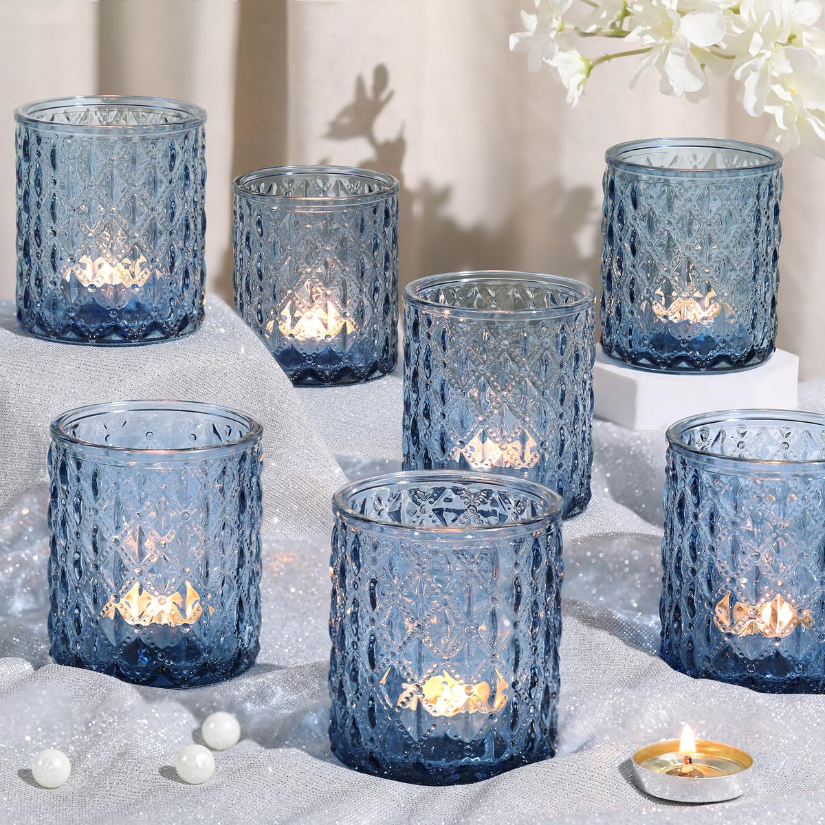 8 Pcs Large Votive Candle Holders Blue Tea Light Candle Holders Glass Candle Holder for Wedding, Bridal Shower, Table Centerpiece, Party, Home Decor