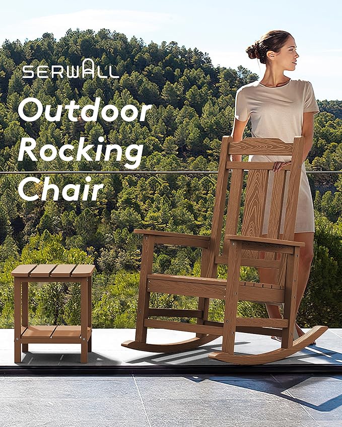 SERWALL Oversized Rocking Chair Outdoor, HDPE Outdoor Rocking Chair, Brown