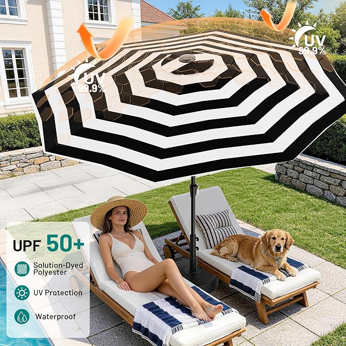 AreShark 9 FT Patio Umbrella for Outdoor, Outdoor Table Umbrella with Push Button Tilt and Crank, Outdoor Patio Umbrellas with 8 Sturdy Ribs for Market, Garden, Pool (Black & White Stripe)