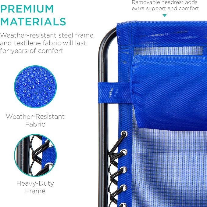 Best Choice Products Set of 2 Adjustable Steel Mesh Zero Gravity Lounge Chair Recliners w/Pillows and Cup Holder Trays - Cobalt Blue