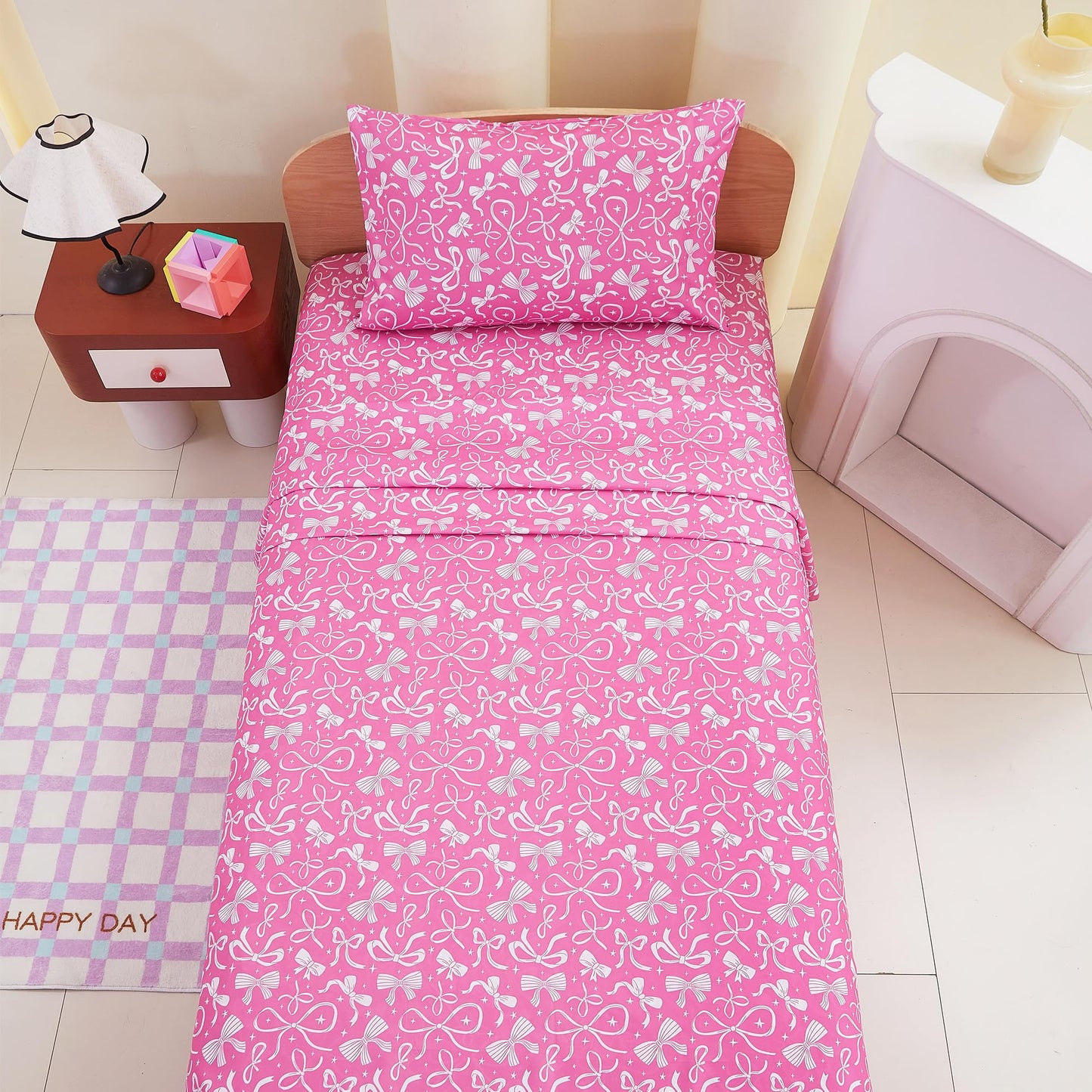 lasoftan Kids Sheet Set Twin Size, Twin Sheet Set with Pink Bow Pattern，Breathable Silky Soft Microfiber Kids Fitted Sheet