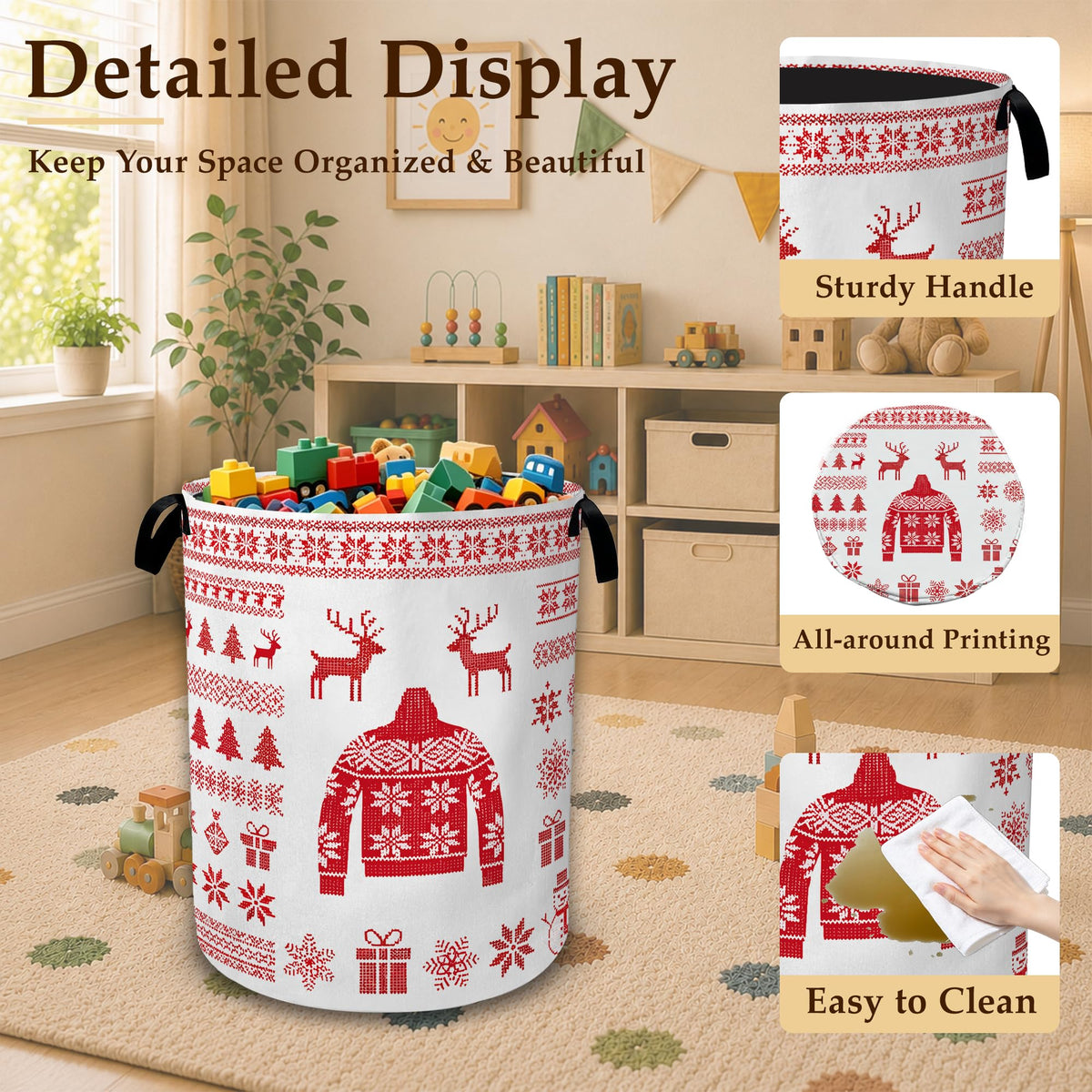 Christmas Cloth Laundry Basket with Handles, Foldable Tall Oxford Clothes Hamper, Lightweight Water-Resistant Storage Bin for Bedroom Bathroom College Dorm, 16 x 20.8 Inch