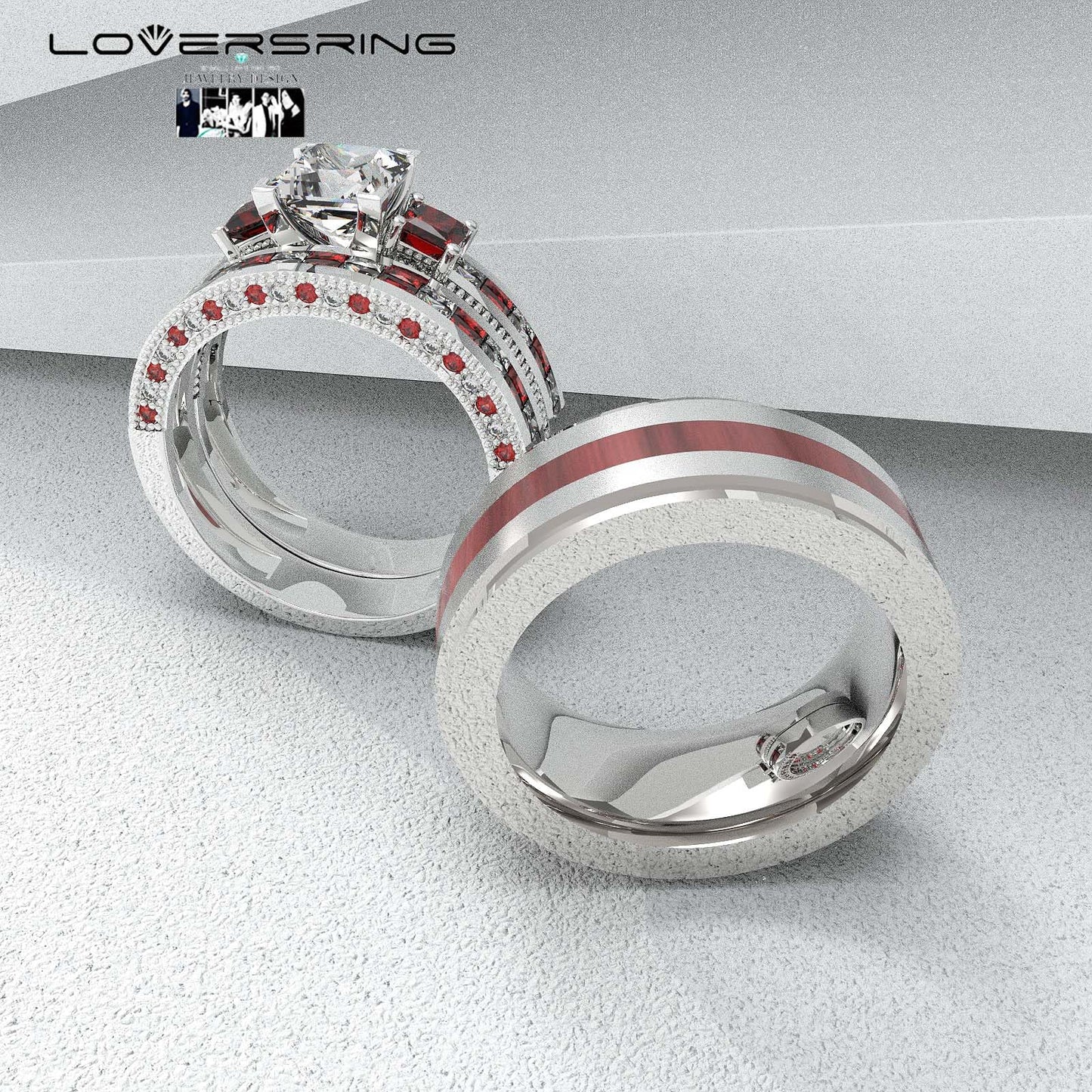 TWO RINGS Wedding Ring Sets His And Hers Promise Ring Couples Bridal Sets Women 925 Sterling Silver Red Ruby Man Titanium Brushed Finished Wedding Band