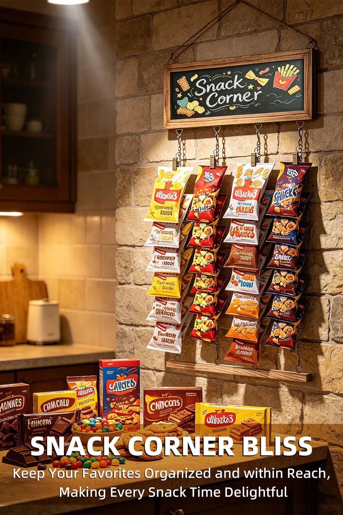 Srillollar Hanging Chip Display Rack Stand, Wall Mounted Chip Holder Display for Potato Chips, Snacks, Candy, Wooden Snack Organizer Rack with Display Board for Party, Retail, Home, Office (40 Clips)