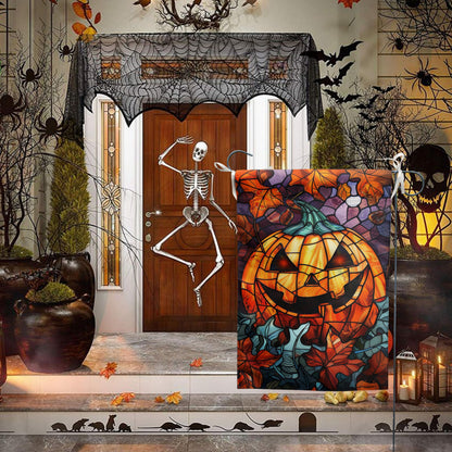 Spooky Pumpkin House Flag Scary Halloween Flags for Outside 28x40 Double Sided Large Stained Glass Fall Garden Flags Autumn Yard Flag for Outdoor Porch Lawn Farmhouse Thanksgiving Decor