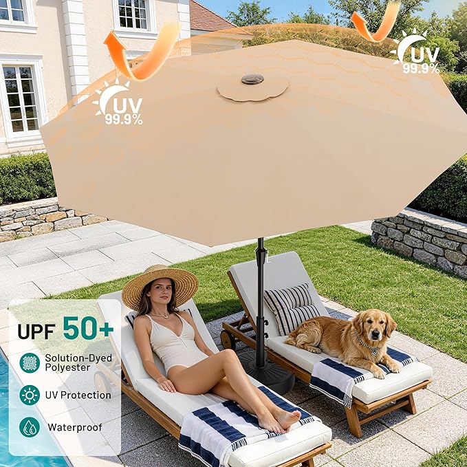 AreShark 9 FT Patio Umbrella for Outdoor, Outdoor Umbrella with Push Button Tilt and Crank, Outdoor Patio Umbrellas with 8 Sturdy Ribs for Market, Garden, Deck, Backyard, Pool (Beige)