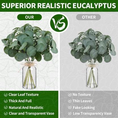 14" Artificial Eucalyptus Stems in Glass Vase with Faux Water, Realistic Eucalyptus Leaves Fake Plant Branch Greenery Decoration for Home Farmhouse Bathroom Kitchen Wedding Centerpiece Table Décor