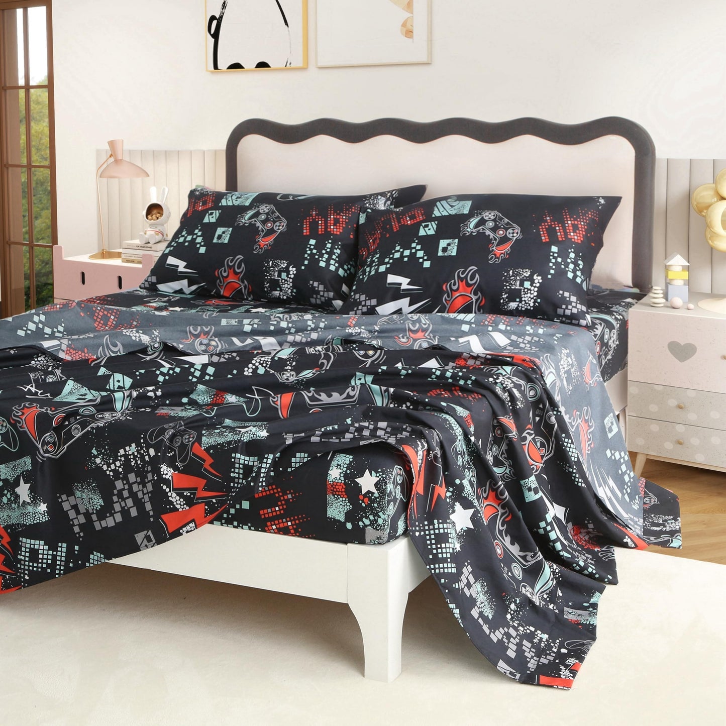 SDY 4 Pieces Gaming Bed Sheet Full,Super Cute Soft Game Console Bedding Sheet Sets for Boys, Girls, Kids and Toddler, Bed in A Bag with 1 Fitted Sheet+ 1 Top Flat Sheet + 2 Pillowcases