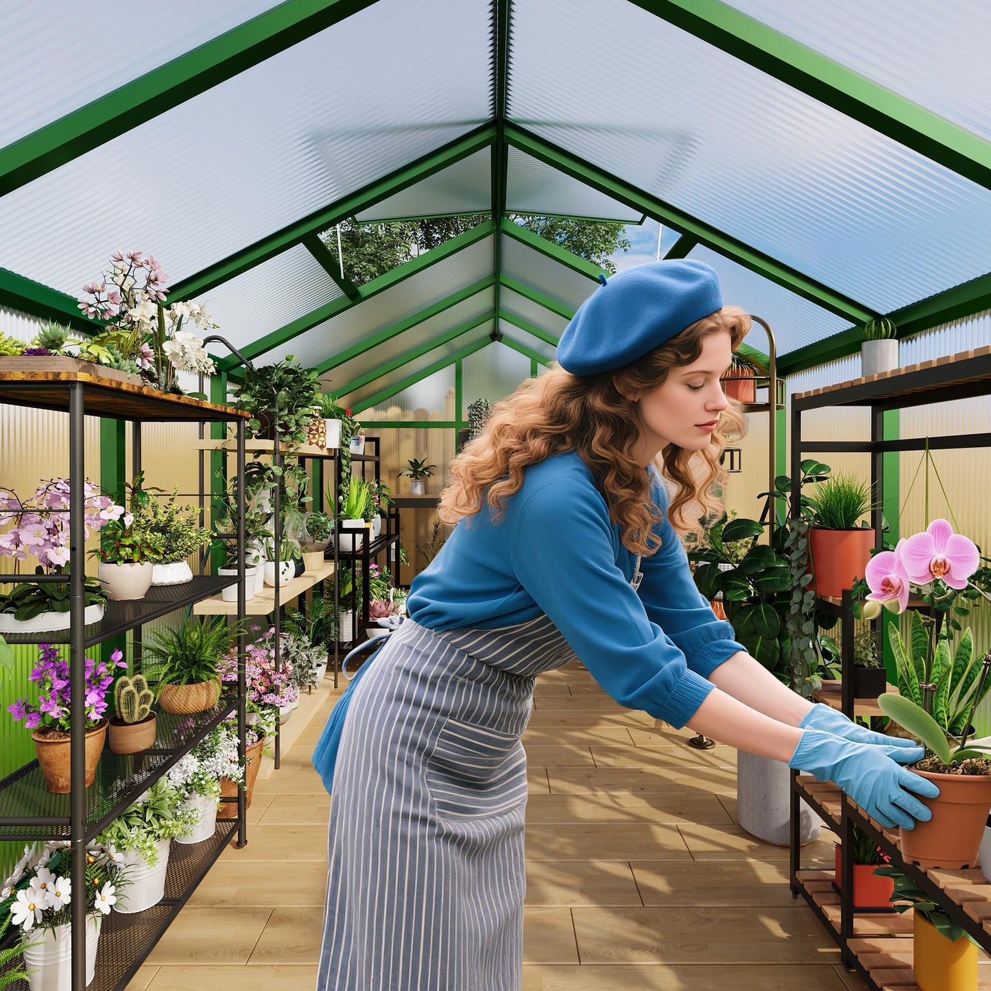 8X12 ft Greenhouse for Outdoors, Walk-in Greenhouse Kit with Aluminum Frame, Polycarbonate Panels, Adjustable Roof Vent, Sliding Door, Secure Lock for Outside Garden, Patio, Backyard