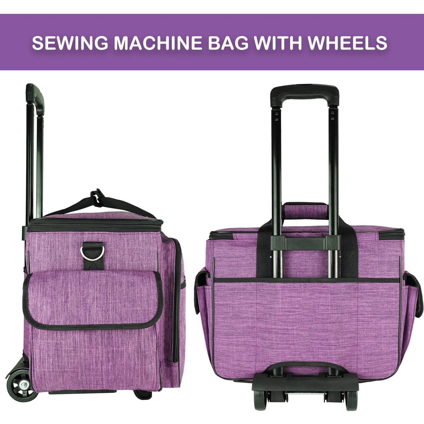 CAB55 Rolling Sewing Machine Case, Detachable Rolling Sewing Machine Carrying Case on Wheels, Trolley Tote Bag with Removable Bottom Wooden Board for Most Standard Sewing Machine -Purple