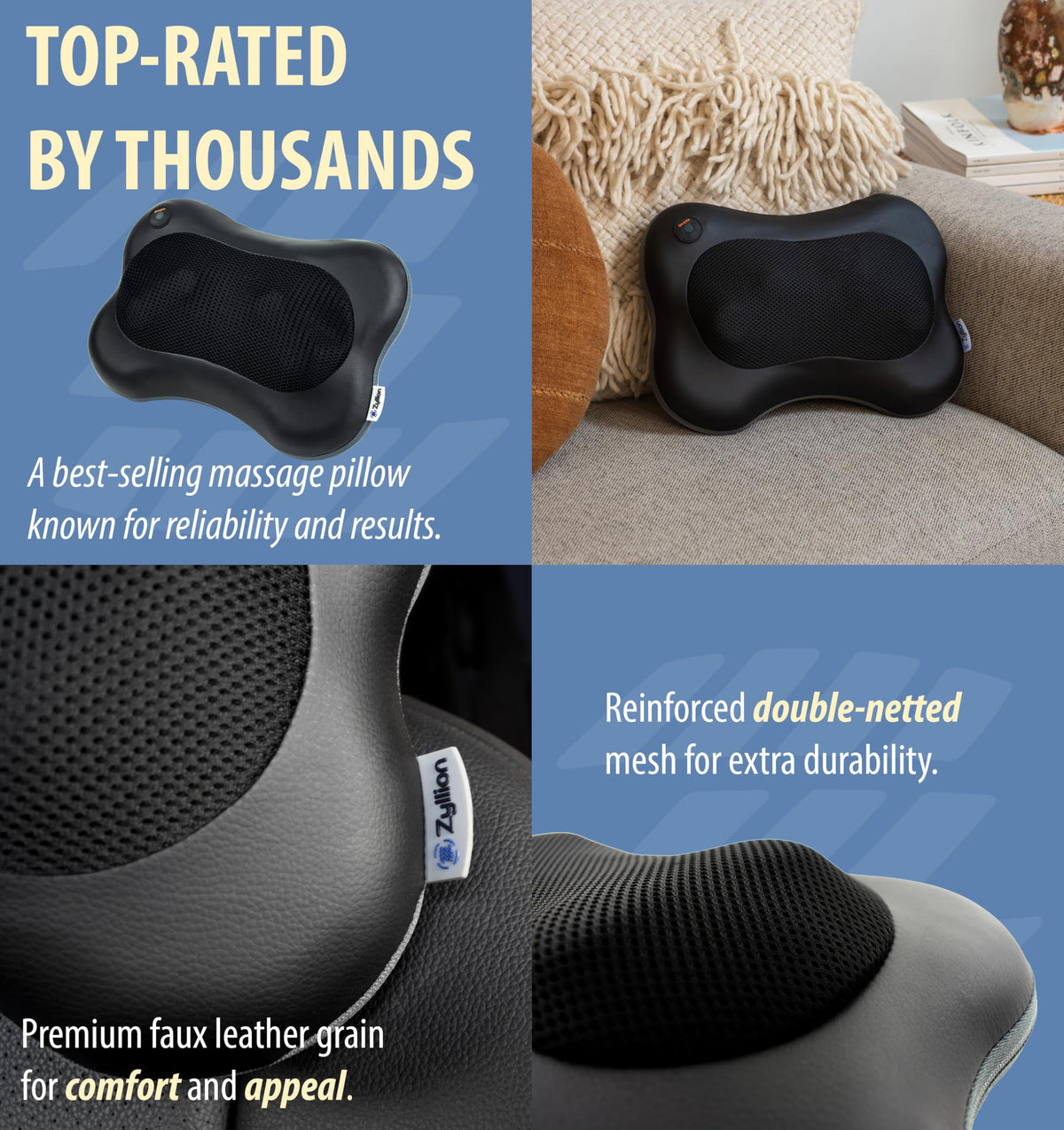 Zyllion Shiatsu Back and Neck Massager with Heat (FSA HSA Eligible) 3D Kneading Deep Tissue Massage Pillow for Muscle Pain Relief, Arthritis, Sciatica, Plantar Fasciitis on Shoulder, Leg, Foot ZMA-13