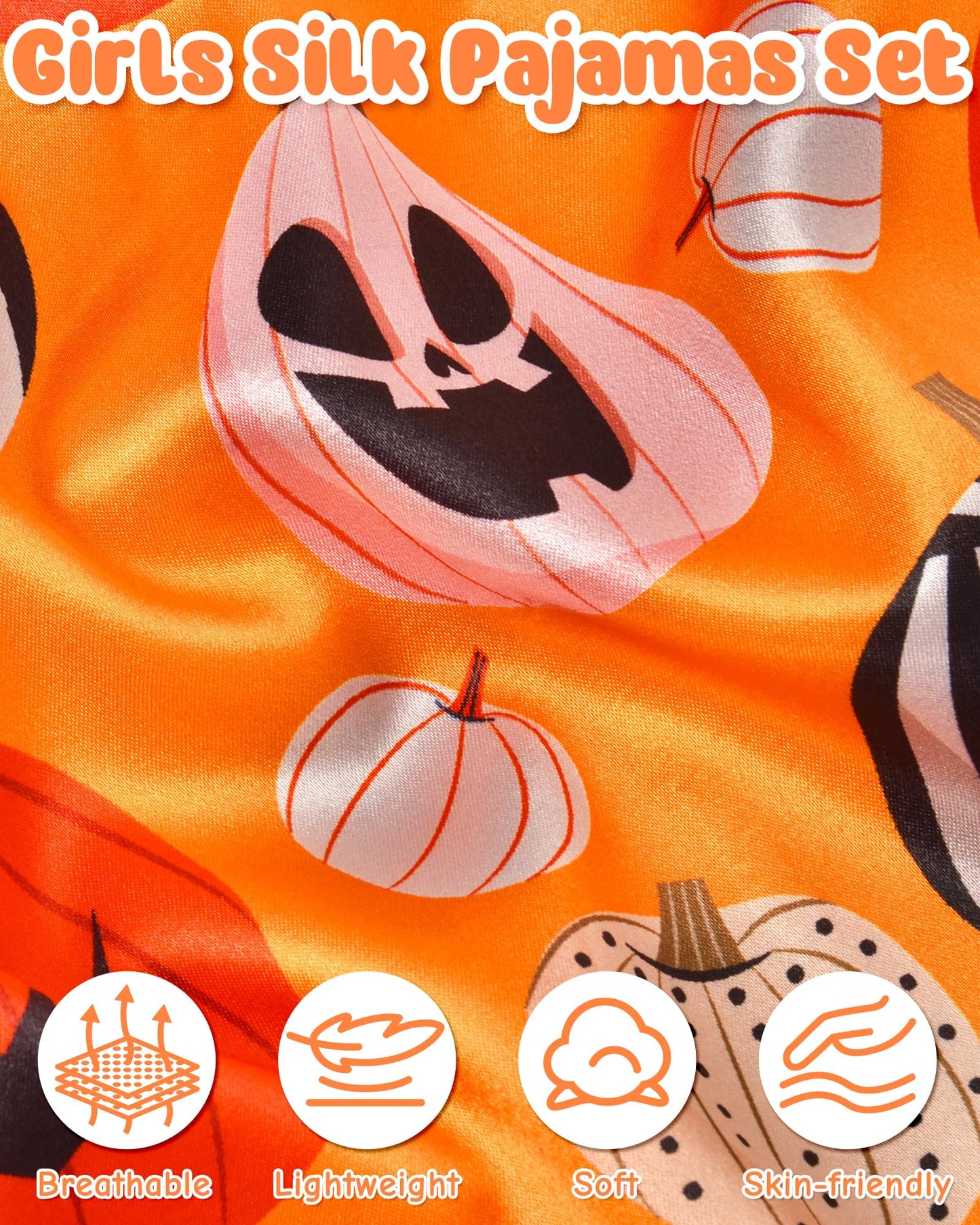 Sylfairy Girls Halloween Pajamas Silk PJS Set Pumpkin Satin Sleepwear Short Sleeve Jammies for Kids Button-Down Nightwear Scary Halloween Pumpkin Costume Size 7 Size 8 Size 7-8