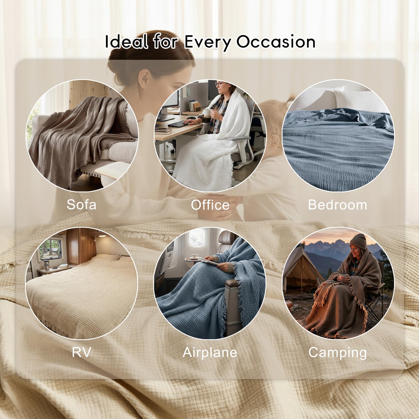 WDCOZY Muslin Throw Blanket 100% Cotton Blankets 4-Layer Breathable Lightweight Soft for Couch Boho Farmhouse Linen Tassels Ruffle Gauze Blankets 50x60 Inches Brown Mocha Chocolate Coffee Taupe