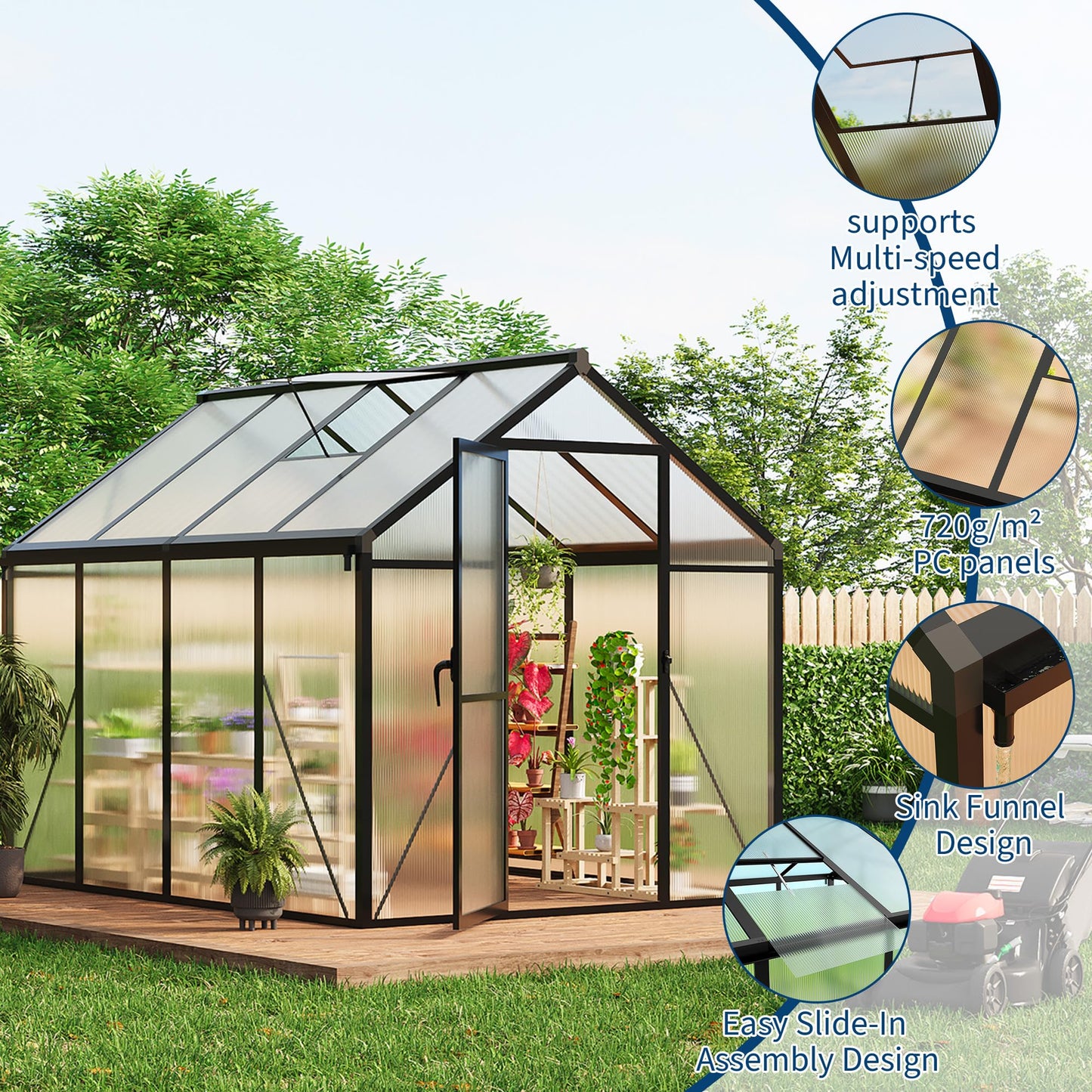 6x8ft Greenhouse Aluminum Greenhouse for Outdoors with Roof Vent, Lockable Outward-Opening Swing Door, Heavy-Duty Polycarbonate Walk-in Green House for Garden, Backyard, Patio, Lawn, Dark Grey