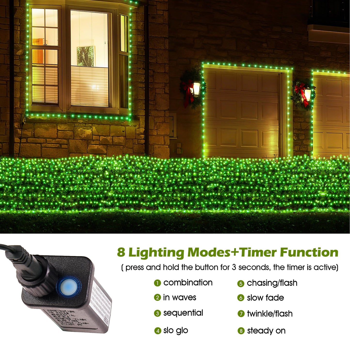 BlcTec Outdoor Christmas Lights 200 LED 8.4ft x 5.2ft Christmas Net Lights with 8 Modes, UL Certified, Timer, Connectable, Waterproof for Trees, Bushes, Shrubs, Yard Outdoor Xmas Decorations, Green