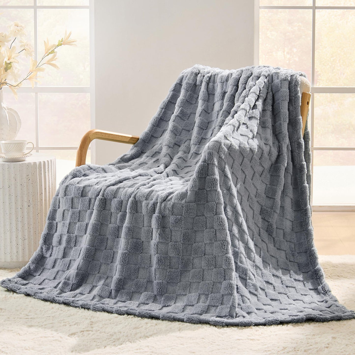 SUPRYNEX Silver Gray Textured Checkered Throw Blanket, 330GSM Soft Plush Fleece Blanket for Couch Sofa Travel, Cozy Decorative Giftable Home Blanket, 50x70 Inches