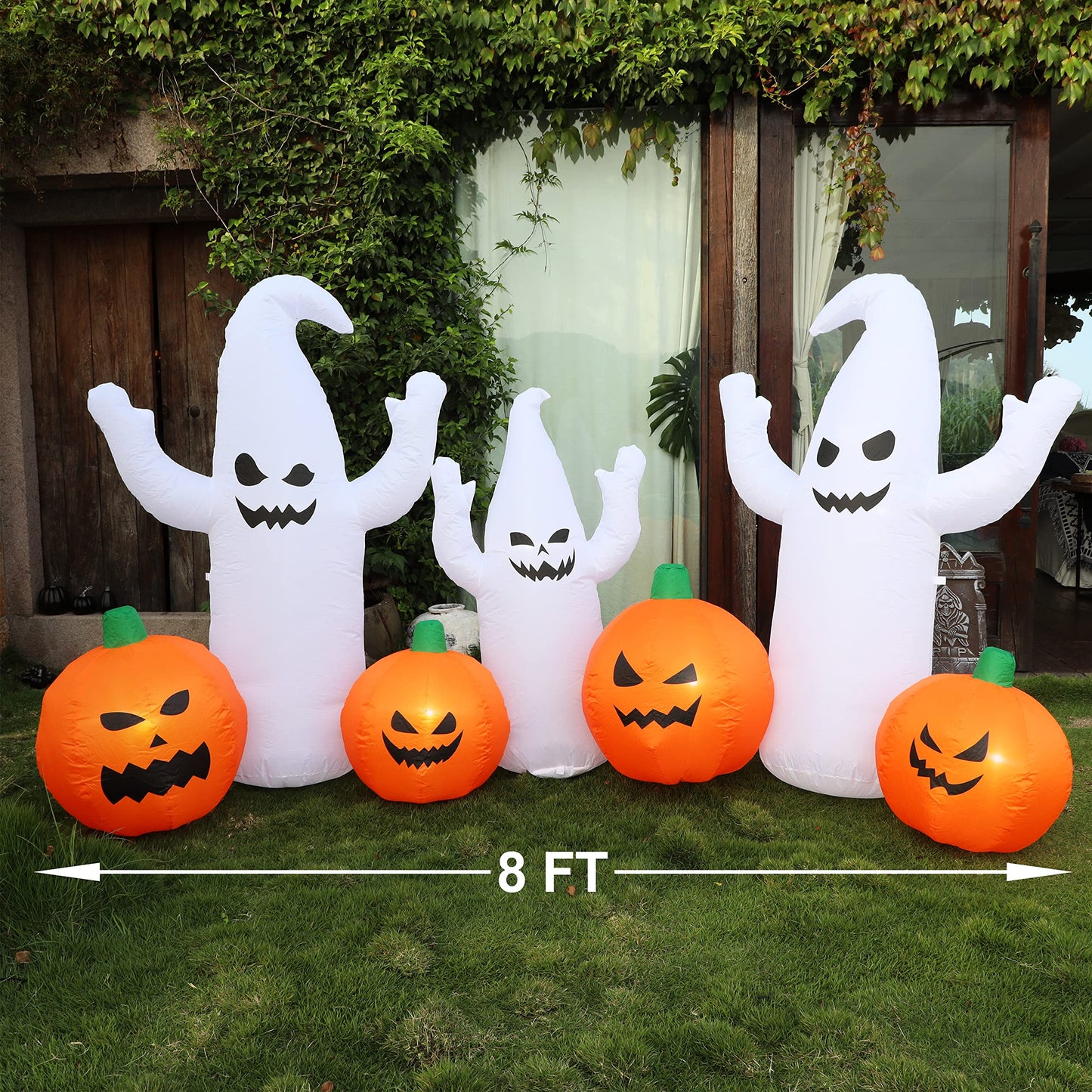SAND MINE 8 FT Long Lighted Halloween Inflatable Ghosts with Pumpkins, Halloween Blow Up Decorations for Halloween Indoor Outdoor Garden Lawn Party Yard Decorations