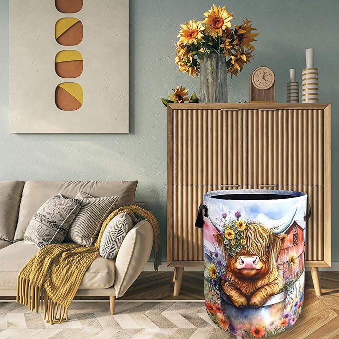 Highland Cow Laundry Basket Floral Farm Foldable Funny Laundry Hamper Oxford
