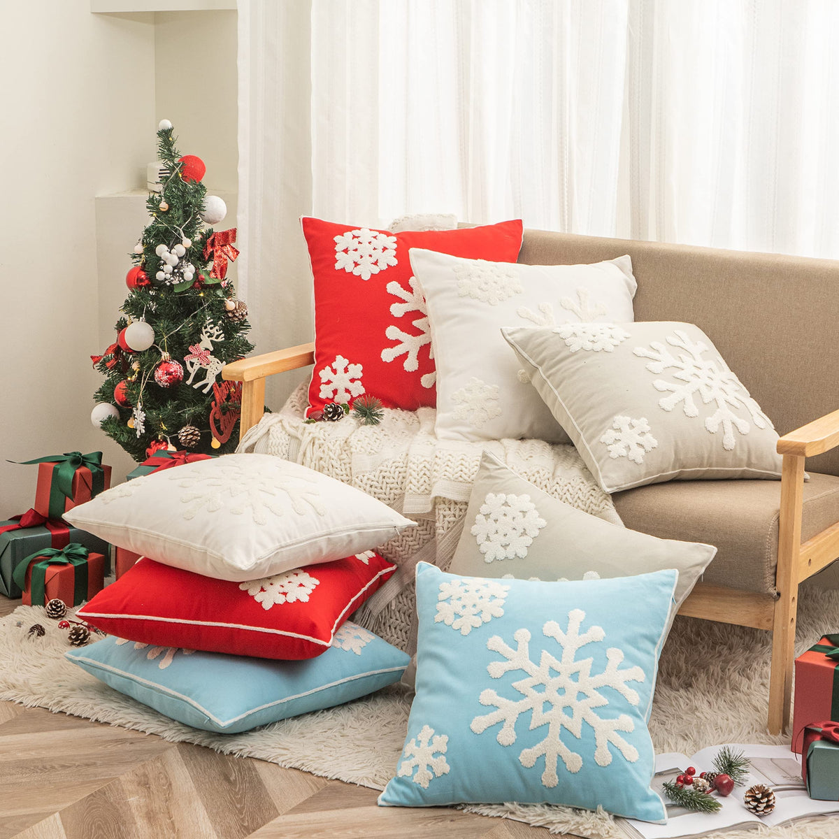 AFIRMLY 18x18,Cotton Christmas Blessing Throw Pillow Cover for Bed Sofa Cushion Car Snowflake Embroideried Pillowcases,1pair White