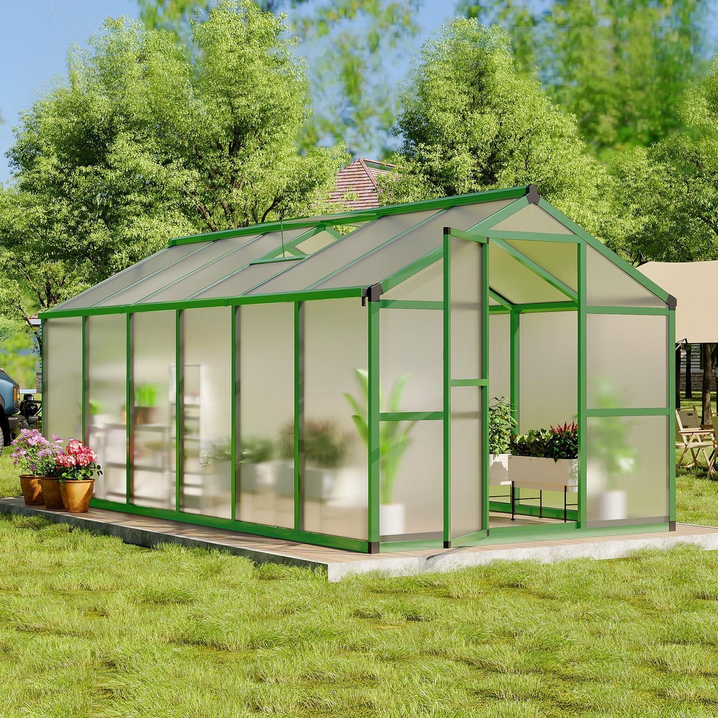8X12 ft Greenhouse for Outdoors, Walk-in Greenhouse Kit with Aluminum Frame, Polycarbonate Panels, Adjustable Roof Vent, Sliding Door, Secure Lock for Outside Garden, Patio, Backyard