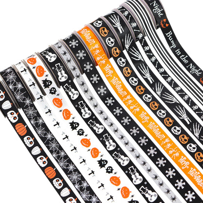 13 Rolls 65 Yards Halloween Ribbon Spider Skull Gnome Pumpkin Ribbons Halloween Printed Ribbon Gift Wrapping Home Wreath DIY Craft Party Decoration