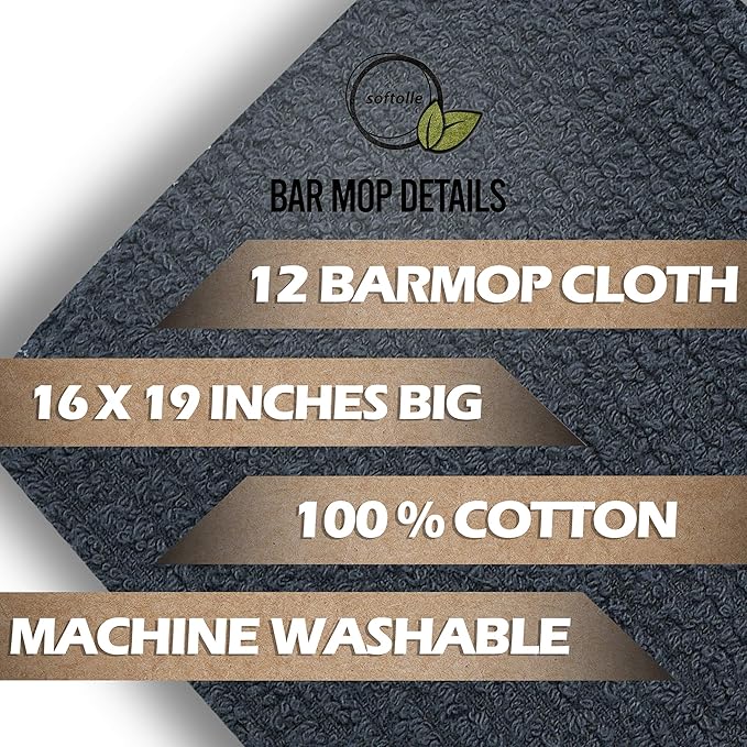 Softolle Cotton Bar Mop Towels, 16x19 Inches, Super Absorbent, Kitchen and Bar