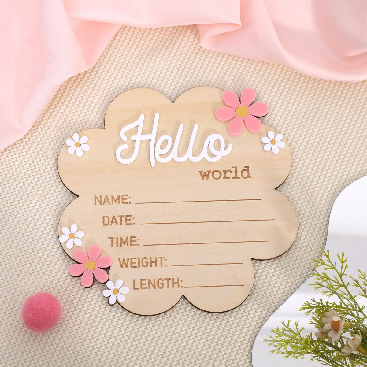 Hello World Newborn Sign - Wooden Baby Name Announcement Board, Daisy Design, Gender Neutral Nursery & Hospital Photo Props Keepsake Gift