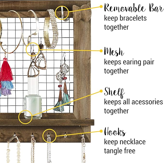 Rustic Jewelry Organizer with Bracelet Rod Wall Mounted