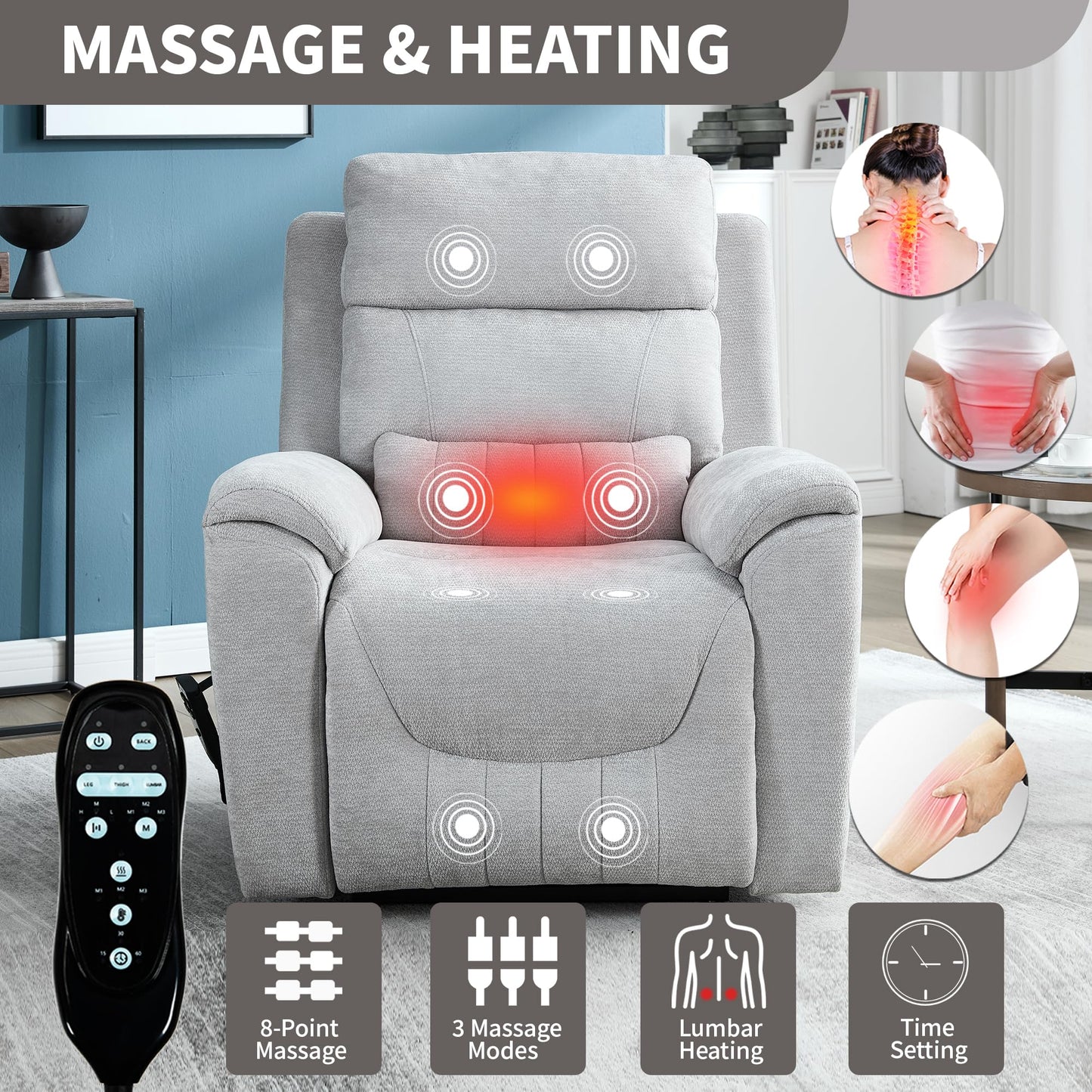 KEIKI Oversized Dual Motor Power Lift Recliner Chair for Elderly, Chenille Upholstery Breathable Rocking Chair with Back Massager and Heated, Senior Daily Relaxation and Home Comfort Seat, Grey