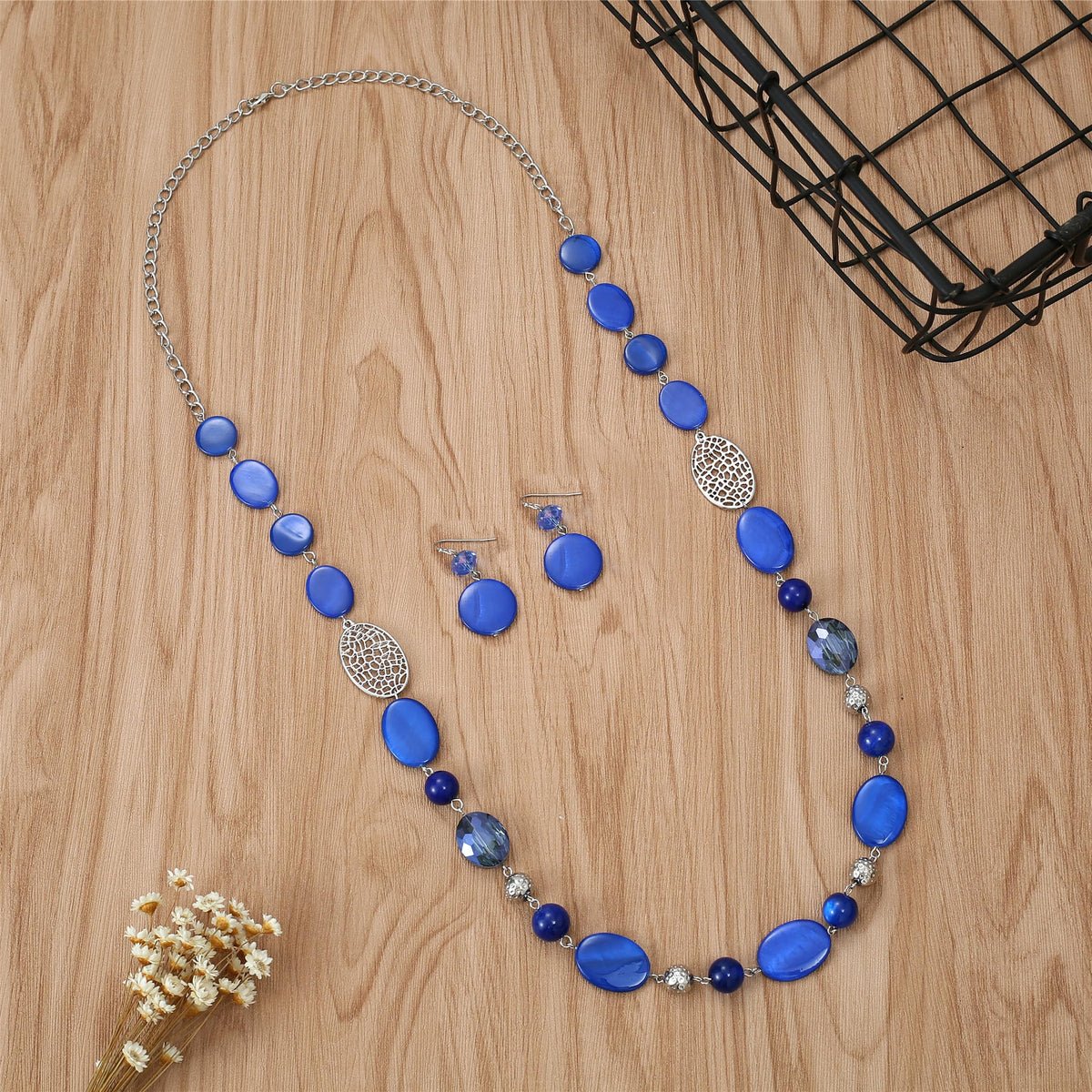 Aenu Beaded Long Necklace Set for Women Silver Gold Tone Sweater Chain Stone Crystal Beads Necklace Trendy Fashion Jewelry for Holiday Gifts (Blue)