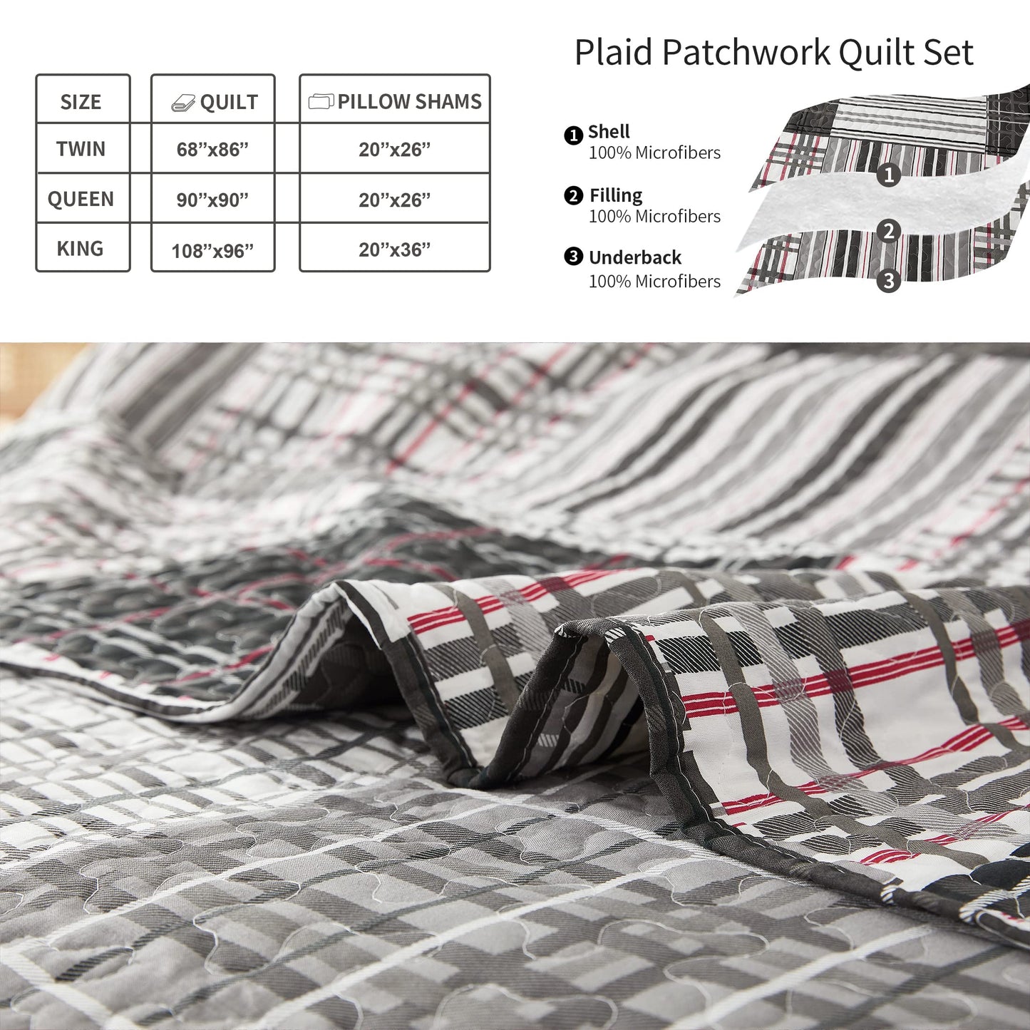 Bedspread Set Queen/Full Size Quilt Set Plaid Bed Spread Coverlet Black White Grey Plaid Patchwork Stripe Modern Quilt Bedspread Bedding Soft Lightweight Reversible Home Mens Quilts for Queen Bed