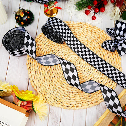 Waydress 2 Rolls/ 20 Yards Black and White Checkered Ribbons Buffalo Checked Harlequin Wired Diamond Gingham Ribbon for Gift Wrapping Racing Car Party DIY Wreath Decor Craft Hair Bow(1.5 Inch Wide)