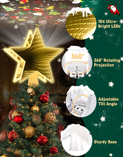 Christmas Tree Topper with 6 Projection Modes, Christmas Star Tree Topper with Built-in Rotating Projector, 104 LED Warm Lights 3D Tunnel Dynamic Lighting Effect Christmas Tree Decoration