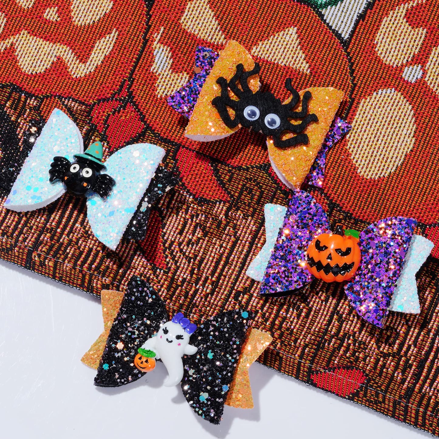 Haakong 8Pcs Halloween Hair Accessories Headdress Halloween Glitter Bows Spider Hair Clip Pumpkin Hair Bow Ghost Hair Barrette Glitter Hair Clip Girls Party Dance Hair Barrettes