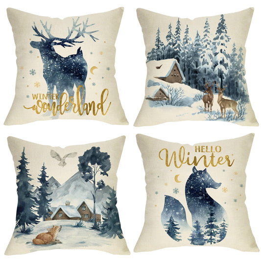 Fjfz Hello Winter Wonderland Reindeer Fox Decorative Throw Pillow Covers 18x18 Set of 4, Forest Deer Owl Animal Snow Outdoor Porch Patio Home Christmas Decor, Blue Watercolor Tree Sofa Cushion Case