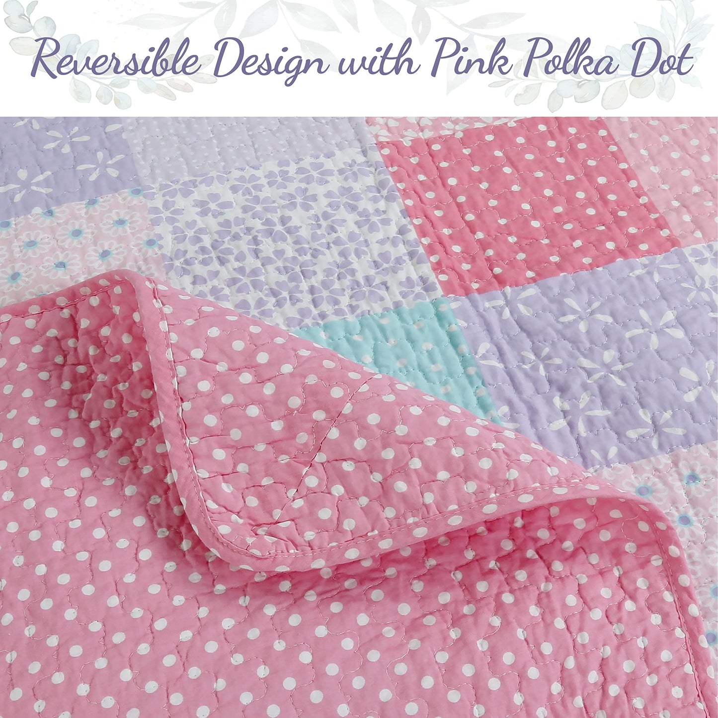 Cozy Line Home Fashions Angelina Floral Dot Pink Light Purple Blue 100% Cotton Reversible Girl Quilt Bedding Set, Bedspread, Coverlet (Queen - 3 Piece)