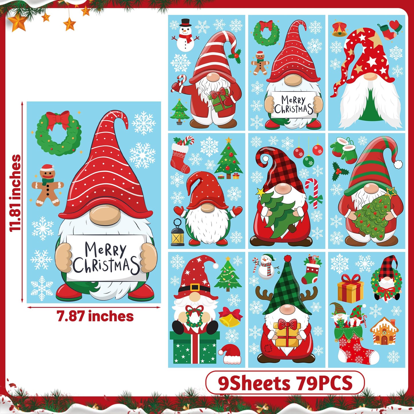 79 PCS Christmas Window Clings, Christmas Decorations, 9 Sheets Snowflake Xmas Window Decals Stickers for Glass, Cute Elf Decals for Ugly Sweater Party Decor Accessories Photo Booth Props