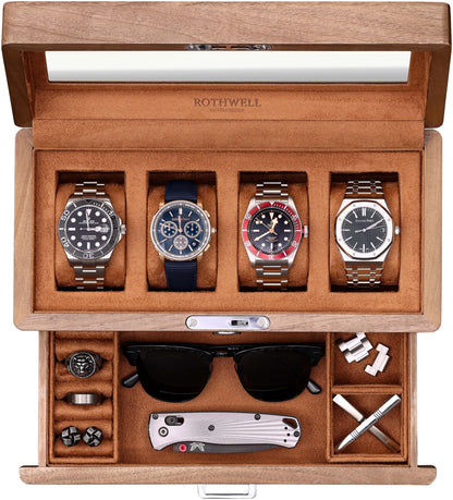 ROTHWELL 4-Slot Solid Walnut Watch Box with Valet Drawer - Premium Jewelry Display Case Organizer with Locking Glass Top and Microsuede Liner for Men & Women (Tan Interior)